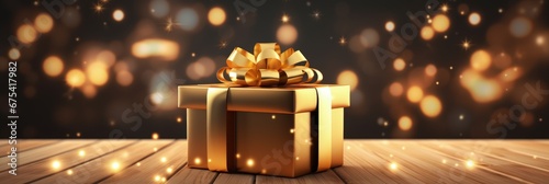 Golden gift and confetti on wooden table and background with blurred lights in bokeh effect, gift box with golden ribbon, Generative AI © Kaleb