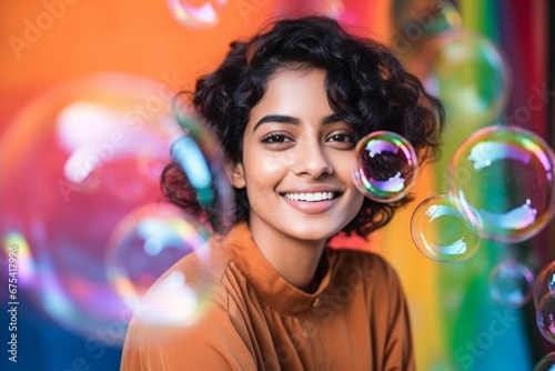 happy smiling indian woman on colorful background with rainbow soap balloon with gradient
