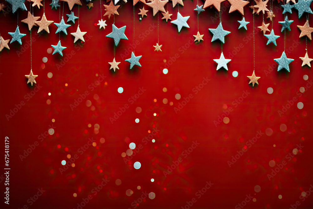 Red and green Christmas decorations, balls, gift boxes, candy canes, confetti, stars on red background. Christmas greeting card template, banner design.