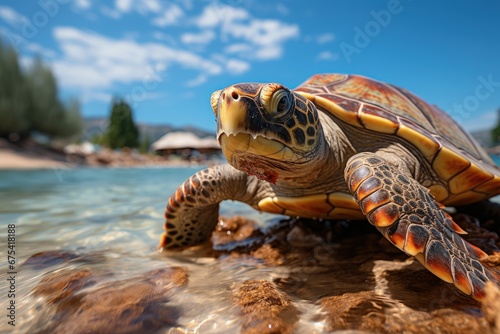 Turtle seen up close on the beach with the sea and coconut palm trees in the background, Generative AI © Kaleb