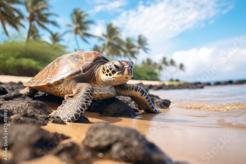 Turtle seen up close on the beach with the sea and coconut palm trees in the background, Generative AI