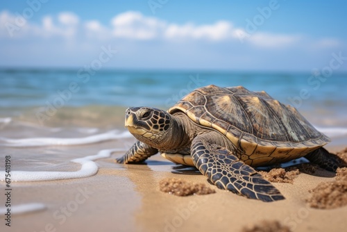 Turtle seen up close on the beach sand with the sea in the background, Generative AI © Kaleb