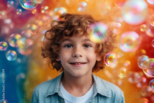 happy child boy on colorful background with rainbow soap balloon with gradient