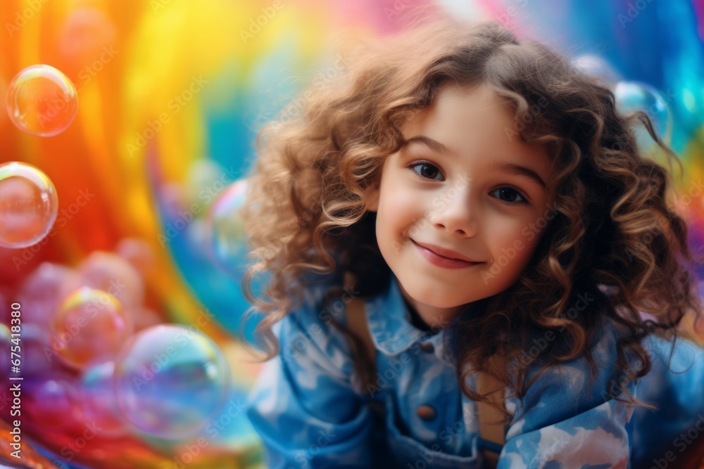 happy child girl on colorful background with rainbow soap balloon with gradient happy child girl on colorful background with rainbow soap balloon with gradient