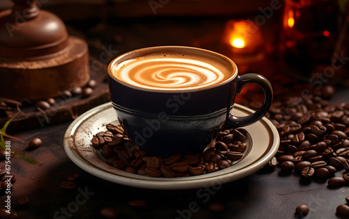 coffee cup and coffee beans on table wooden background