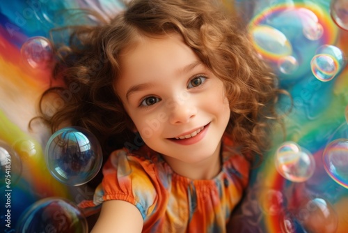 happy smiling child girl on colorful background with rainbow soap balloon with gradient