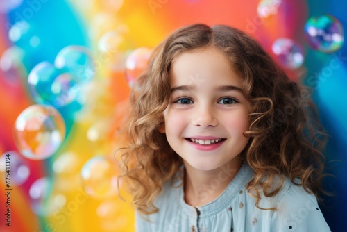 happy smiling child girl on colorful background with rainbow soap balloon with gradient