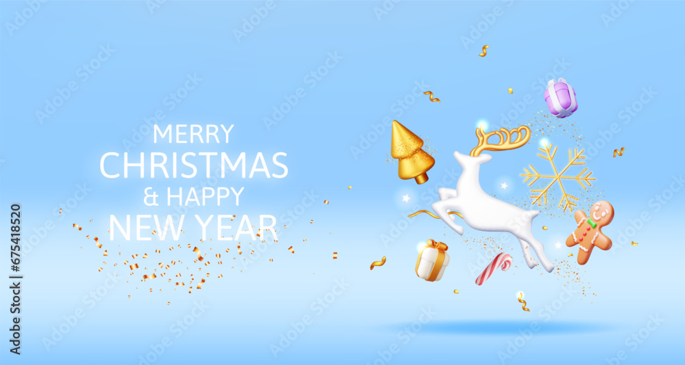 3D Deer with Golden Horns and Christmas Tree. Render Happy New Year Decoration Banner. Merry Christmas Holiday. New Year and Xmas Celebration. Realistic Vector Illustration