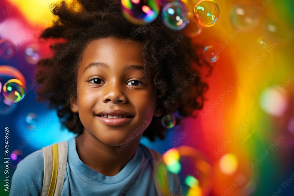happy african american child boy on colorful background with rainbow soap balloon with gradient