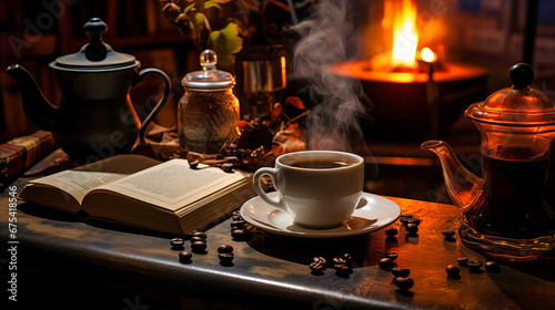 Freshly brewed coffee with steam rising, placed beside a vintage novel