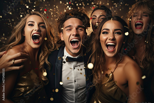 Attractive woman laughing while dancing with friends. Group of men and women dancing at new years eve party at night club. photo