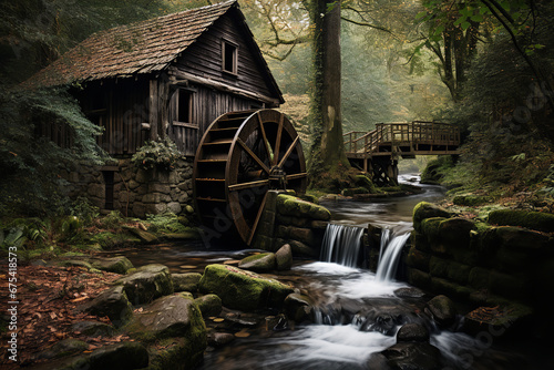 A large water wheel is turning beside an old grist mill, situated in a serene forest setting with a flowing stream