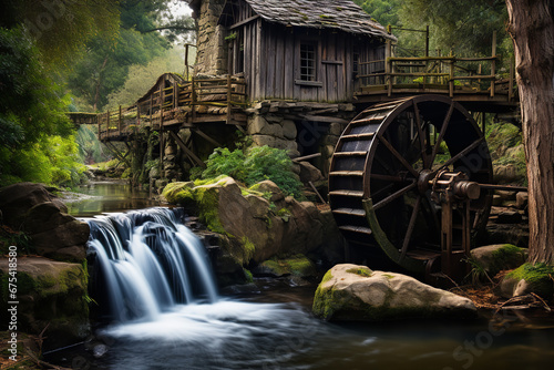 A wooden water wheel is seen turning slowly as it powers a rustic, historical grist mill in a rural setting photo