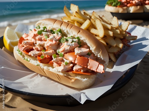 Capture the essence of a sunny summer day at the beach with a mouth-watering photograph of a delicious lobster roll Generative AI