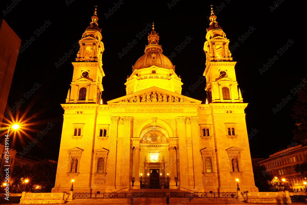 Budapest, Hungary, November 3, 2023:Night photography St. Stephen's Basilica in Budapest, Hungary
