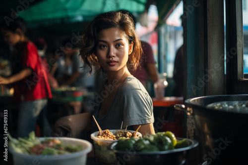 Young Asian woman enjoying a meal at a bustling street food market