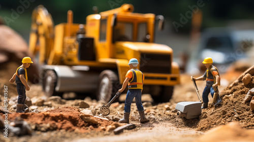 Miniature Construction Site scene set against a backdrop of detailed scale model earthmovers and diggers