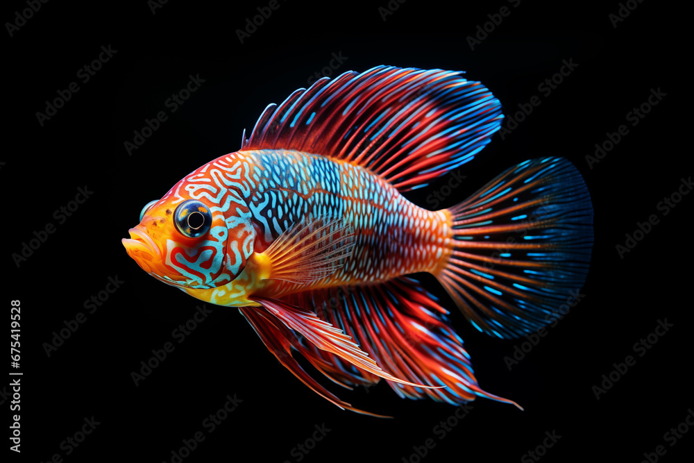 Vibrant beauty of a Cichlid which is renowned for its striking coloration and dynamic fin structure on black background. isolated Vibrant beauty of a Cichlid which is renowned for its striking coloration and dynamic fin structure on black background. isolated