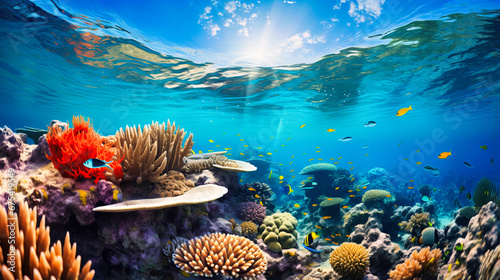 Vibrant coral reef teeming with marine life and clear turquoise waters photo