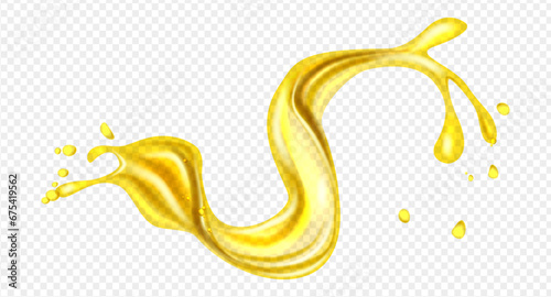 Orange, lemon juice or oil splashes, liquid yellow drink streams with drops. Vector realistic liquid waves of falling and flowing beer, orange, mango or lemon juice, oil, soda or honey