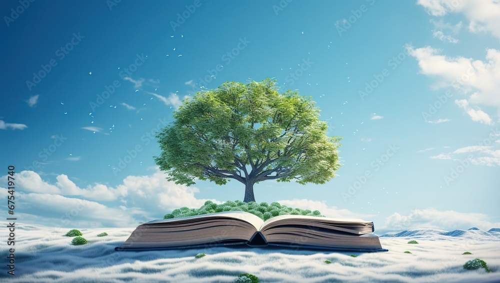 Nature knowledge: tree growing from an open book in a beautiful ...