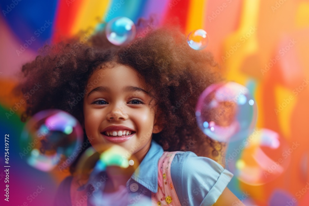 happy smiling african american child girl on colorful background with rainbow soap balloon with gradient happy smiling african american child girl on colorful background with rainbow soap balloon with gradient