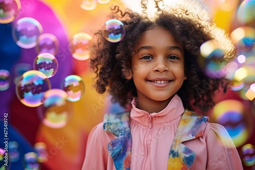 happy african american child girl on colorful background with rainbow soap balloon with gradient