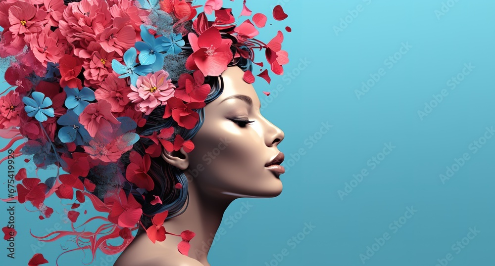 Flower Explosion: Surreal Portrait of a Woman with Flowered Hair - obrazy, fototapety, plakaty 