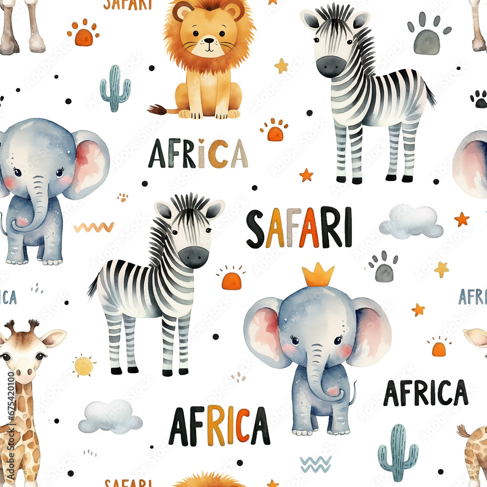 Fototapeta Watercolor childish seamless pattern with cute safari animals: elephant, lion, giraffe and zebra isolated on white background.