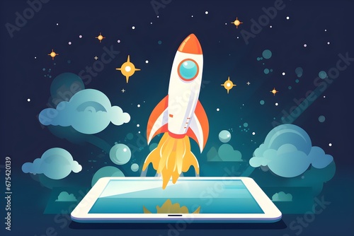 Flat icon illustration of an ipad / tablet where a rocket comes out from it, depicting Augmented Reality (AR)