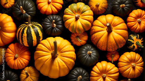 Variety of decorative pumpkins as a background, top view.

