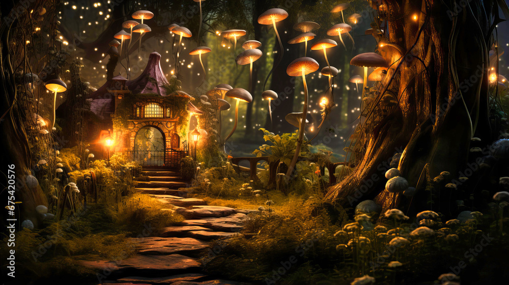 Enchanted forest with twinkling fairy lights and a misty atmosphere,