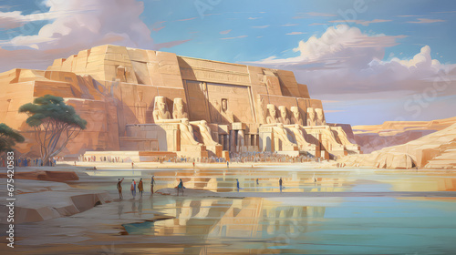 oil painting on canvas, view of Abu Simbel Temples. Artwork. Big ben. Abu Simbel Temples in a day. Egypt