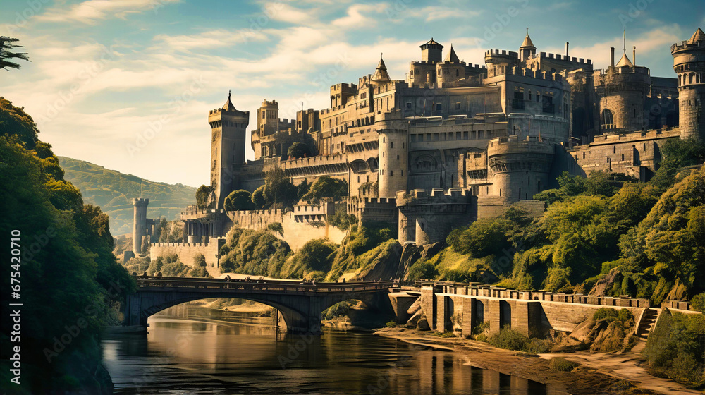 Majestic castle perched atop a hill with a moat and drawbridge - obrazy, fototapety, plakaty 