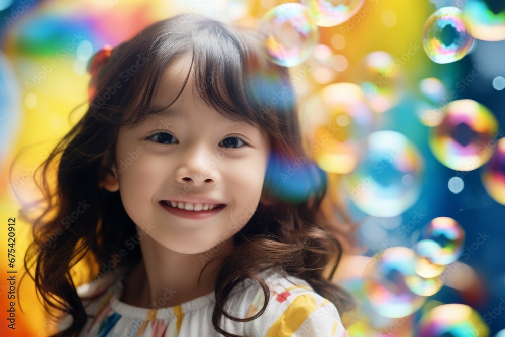 happy smiling asian child girl on colorful background with rainbow soap balloon with gradient happy smiling asian child girl on colorful background with rainbow soap balloon with gradient