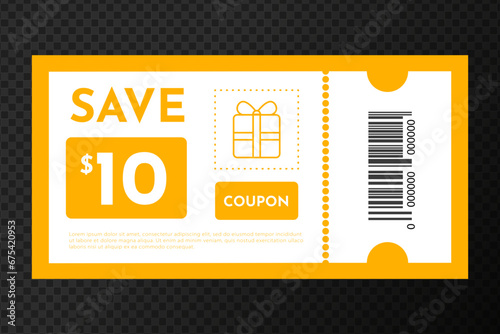 Coupon save 10 dollars.Promotion sale. Coupon fashion ticket card. Coupon discount. Vector illustration EPS10