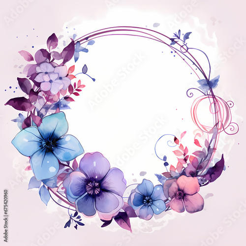 watercolor circle frame lilac purple and blossoms