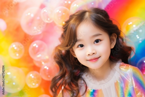 happy asian child girl on colorful background with rainbow soap balloon with gradient