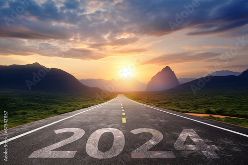 2024 New Year Beginning Concept: '2024' Written on a Road with Sunset Mountain Background. Beautiful Evening with Copy Space for Text, Banner, or Poster