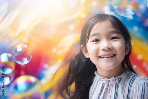 happy smiling asian child girl on colorful background with rainbow soap balloon with gradient