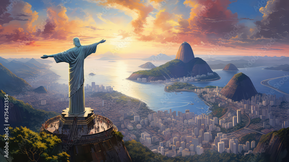 oil painting on canvas, view of Aerial of Christ and Sugar Loaf Mountain at sunset, Rio De Janeiro, Brazil. - obrazy, fototapety, plakaty 