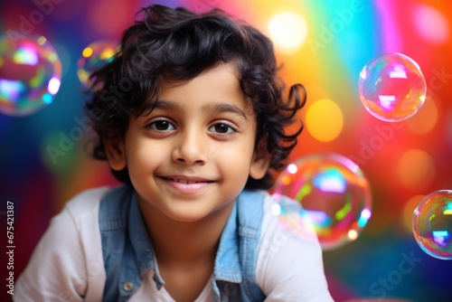happy indian child boy on colorful background with rainbow soap balloon with gradient