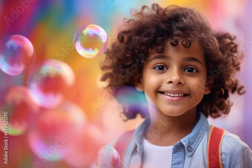happy smiling indian child boy on colorful background with rainbow soap balloon with gradient
