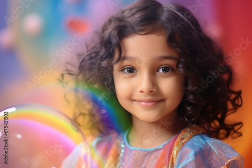 happy indian child girl on colorful background with rainbow soap balloon with gradient