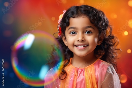 happy smiling indian child girl on colorful background with rainbow soap balloon with gradient