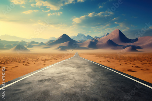 Straight Asphalt Road to Mountain Horizon with Beautiful Sunset or Sunrise Sky and Clouds. Evening Landscape View beginning Concept