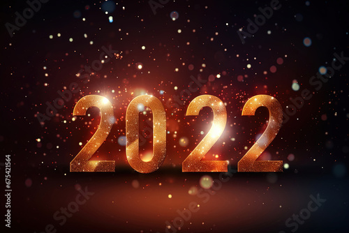 New Year 2022: Festive Lighting Bokeh Background with Numbers 2022 and Copy Space for Text