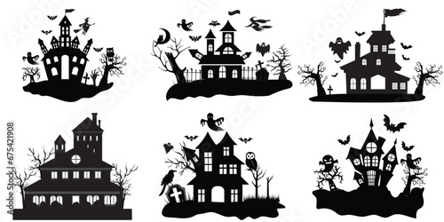 Haunted House silhouette collection. Set of scary house for Halloween. Halloween Haunted house silhouette