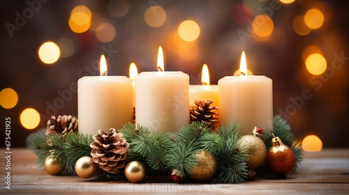 Advent Candle Burning on Festive Wreath, Traditional Christmas Decoration