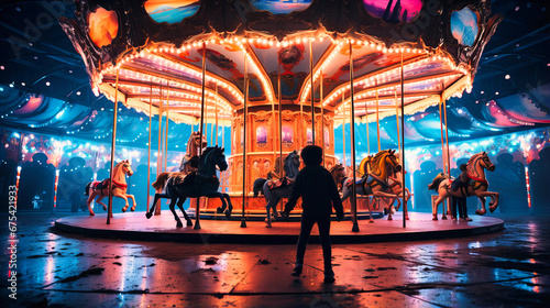 Whimsical carousel in an amusement park with gleeful children and bright lights,